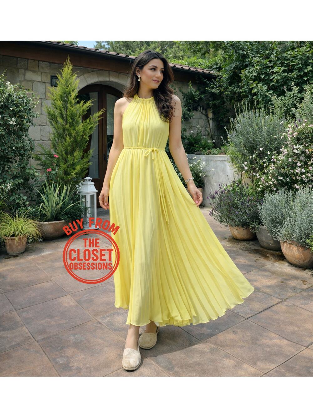 MANGO Pleated Halter Midi Dress NWT Yellow Wedding Guest Resort Dress